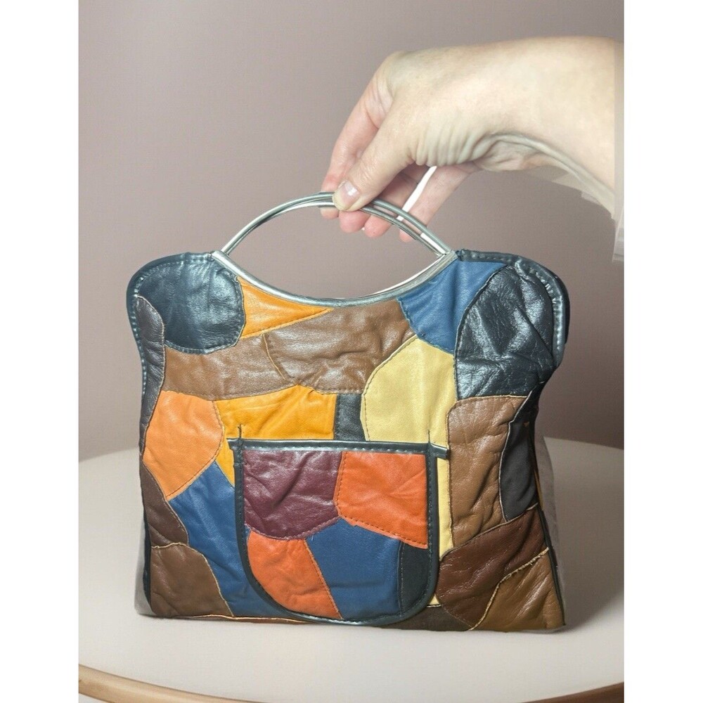 Patchwork Leather Purse Vintage Handmade Hong Kong Silver Tone Eye Arch Handle